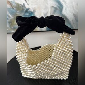 A New Day Pearl Beaded Bag with Black velvet bow on  Handle